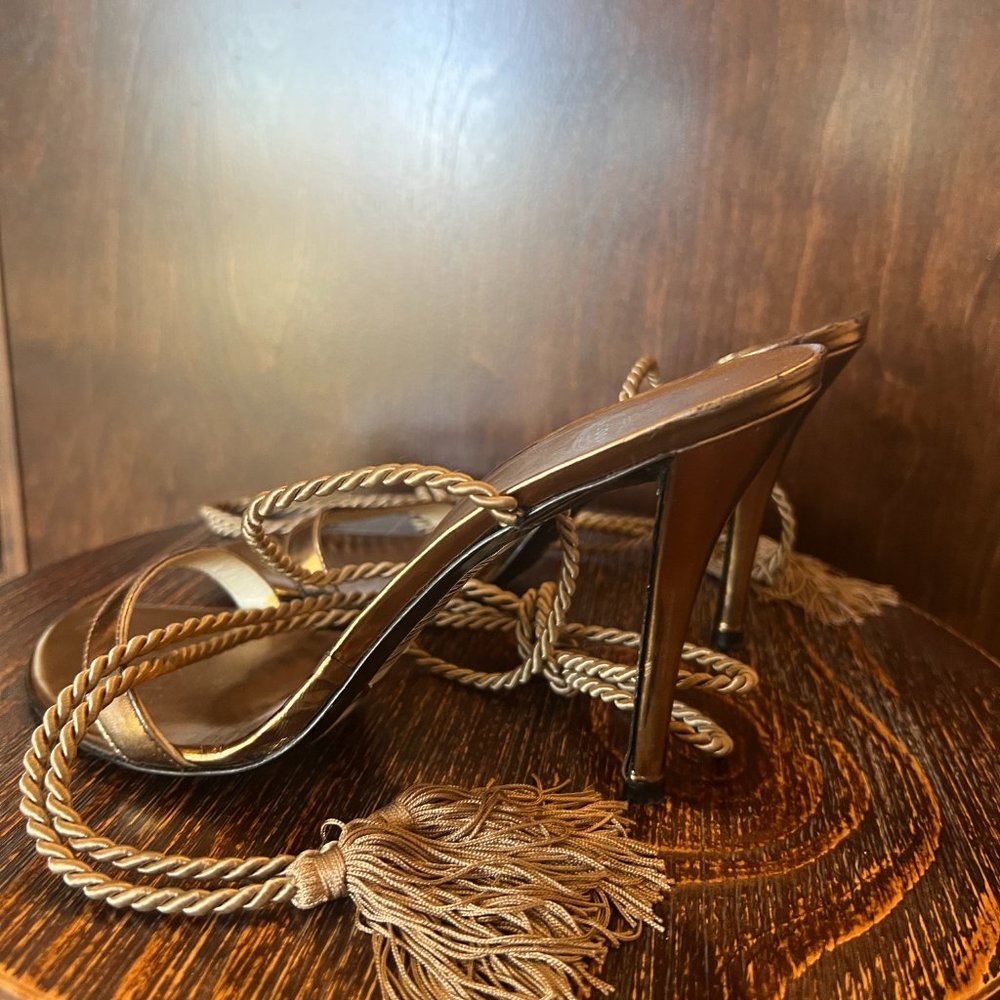 Stuart Weitzman for Scoop NYC Gold Tassel Tie Up Sandal